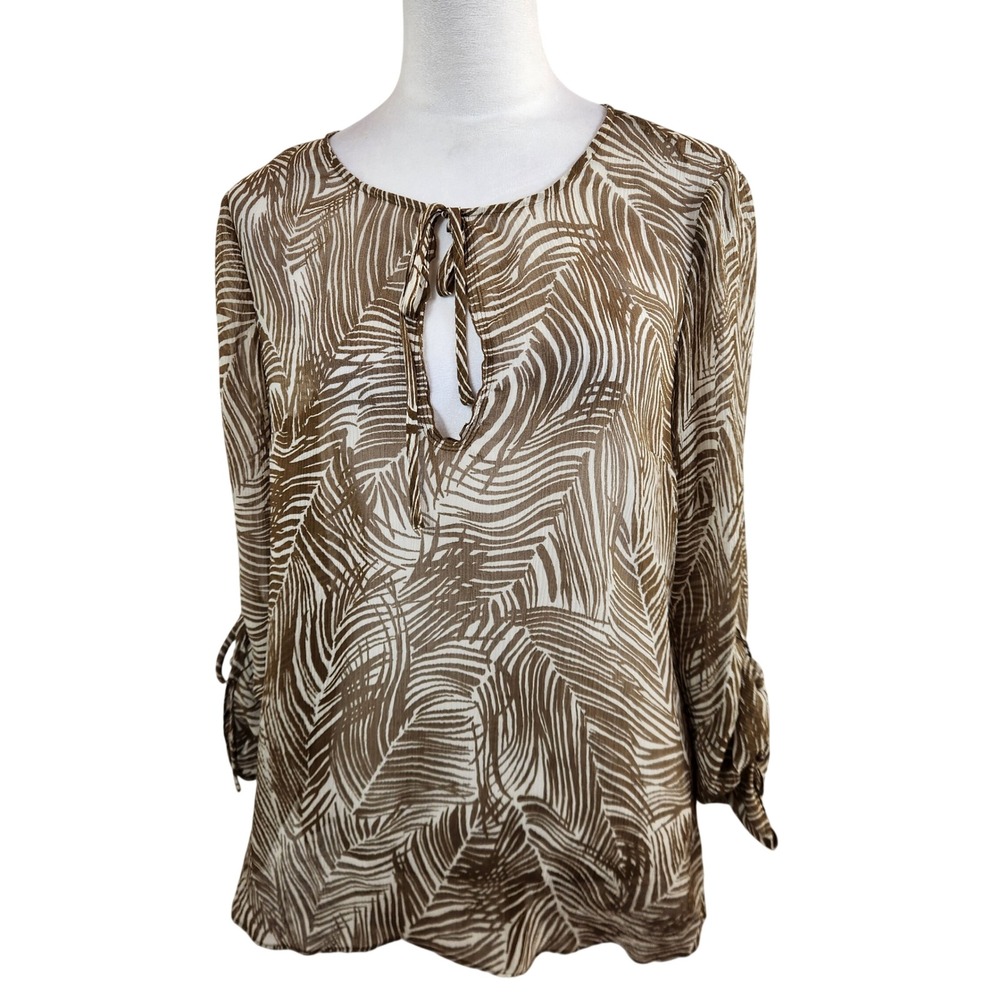 Talbots Brown White Palm Leaf Print Sheer Keyhole Tie Blouse Top Womens Small S
